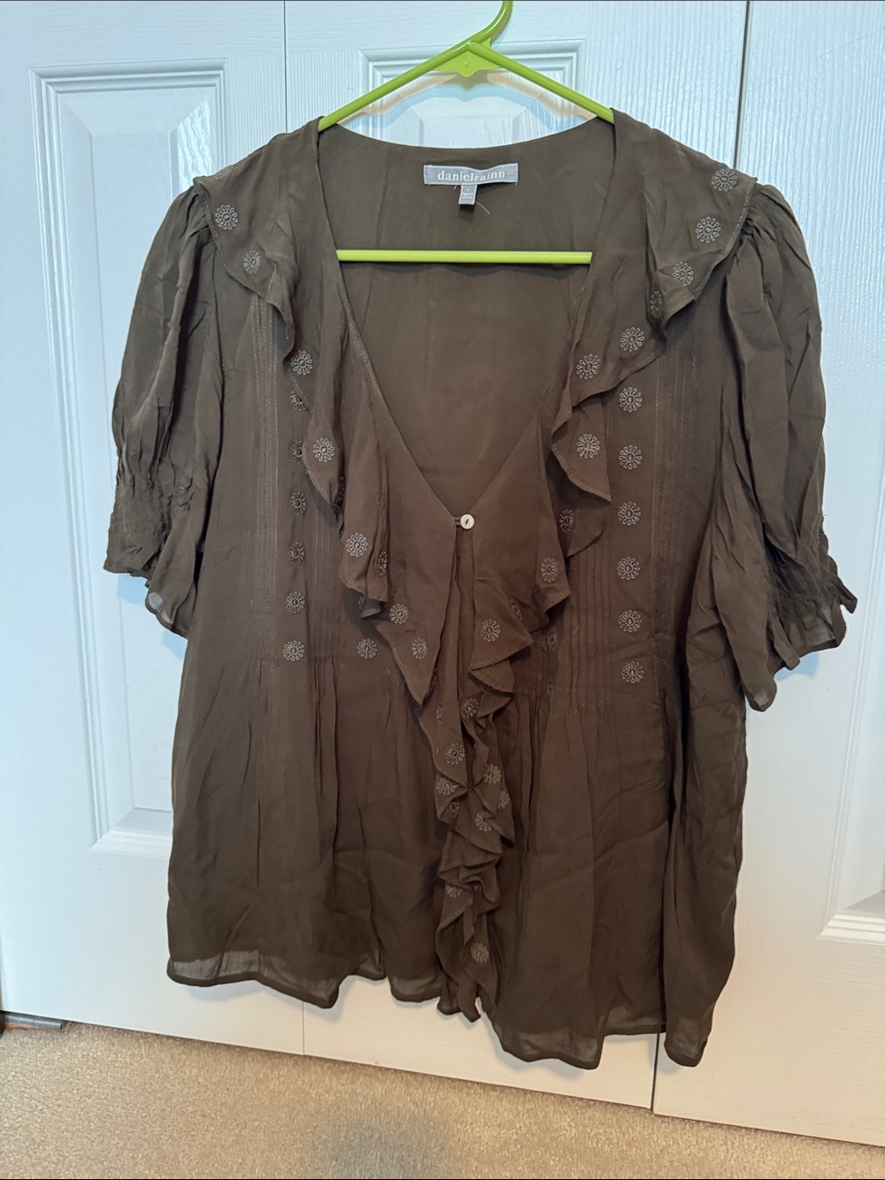 Daniel Rainn Olive Ruffle-Front Embroidered V-Neck Blouse